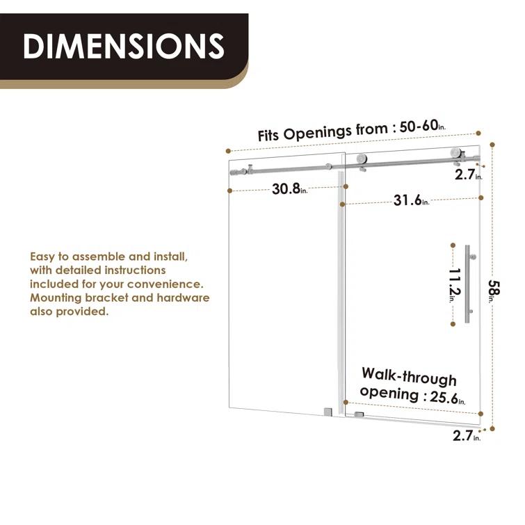 56" - 60" W x 58" H Single Sliding Frameless Tub Door
