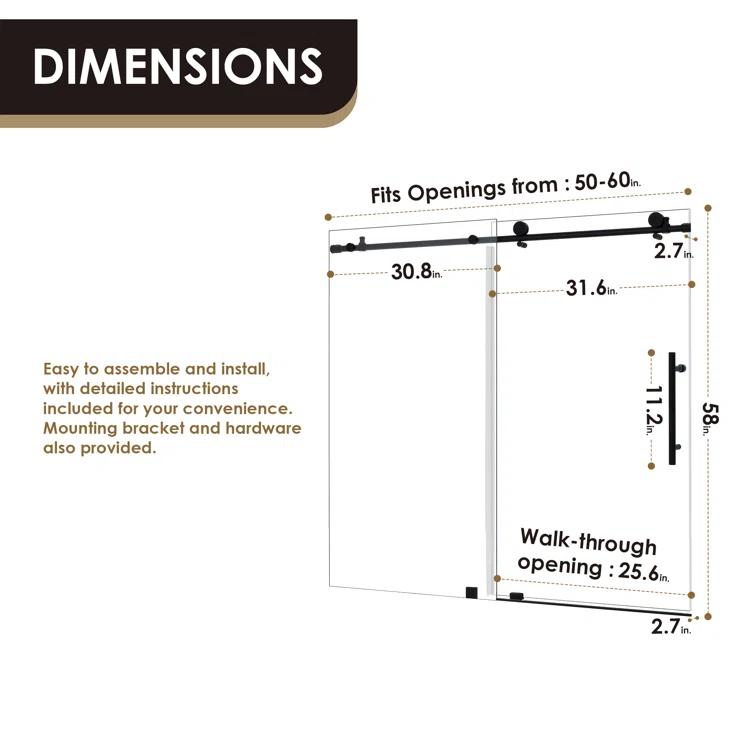 56" - 60" W x 58" H Single Sliding Frameless Tub Door