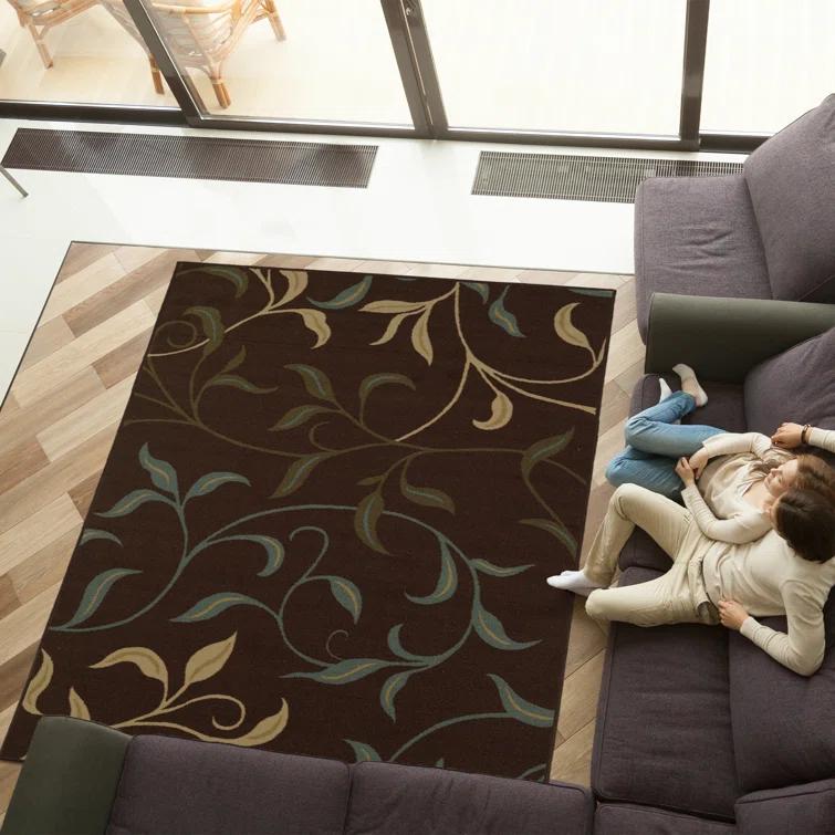 Ottohome Non-Slip Leaves Area Rug For Living Room, Hallway Runner, Entryway Rug, Brown