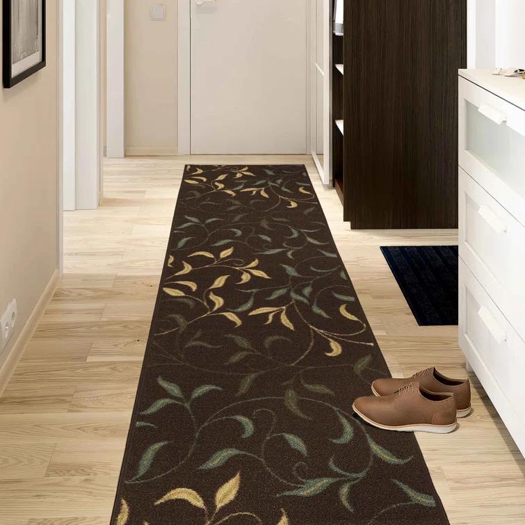 Ottohome Non-Slip Leaves Area Rug For Living Room, Hallway Runner, Entryway Rug, Brown