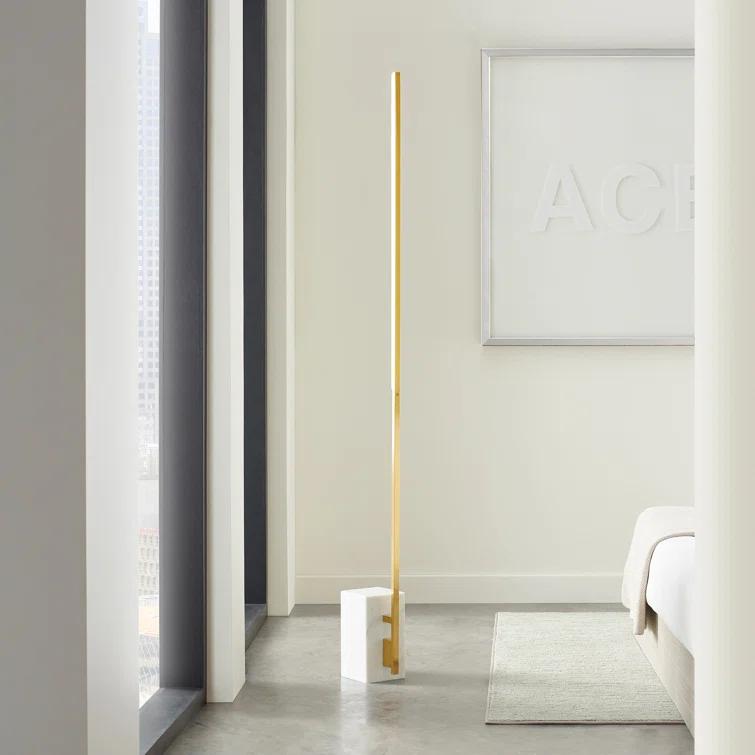 Klee Minimalist Natural Brass & White Marble LED Floor Lamp with Shelf