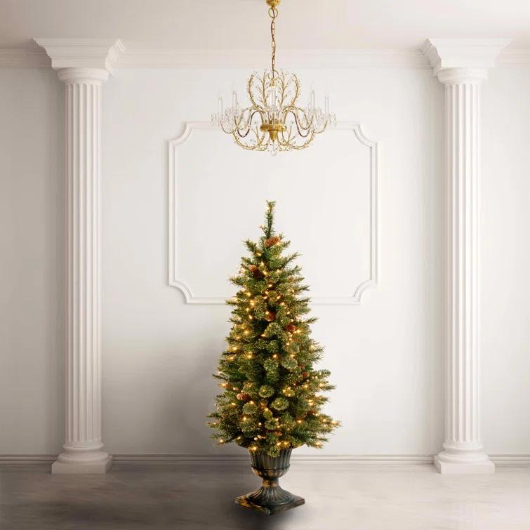 The Holiday Aisle® 4 ft. Glittery Gold Pine Entrance Tree with Clear Lights