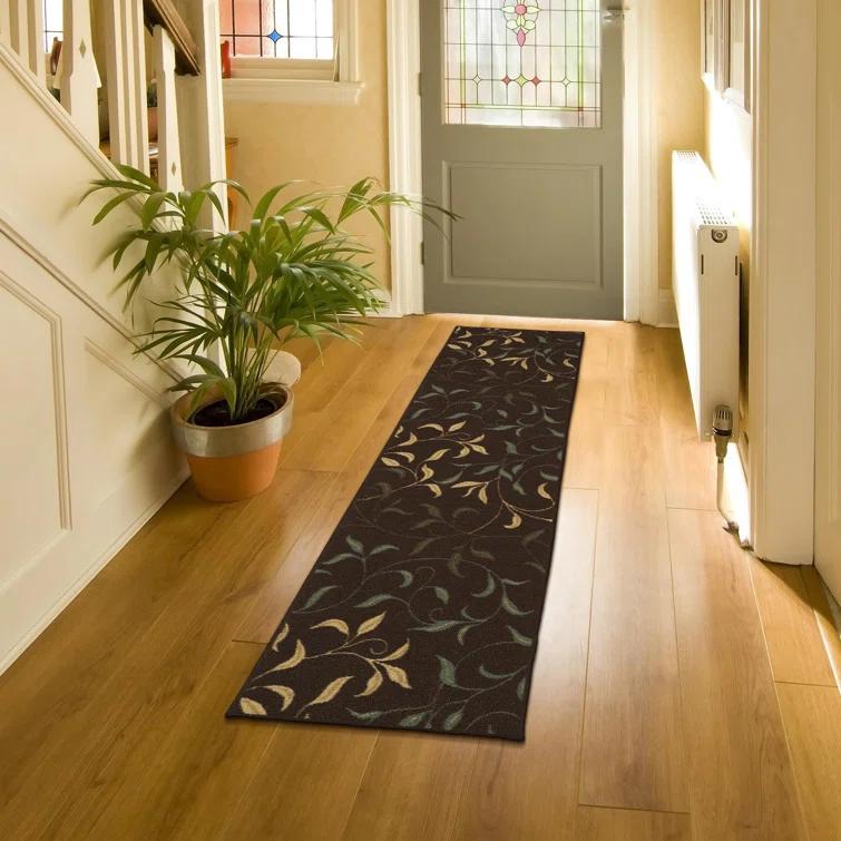 Ottohome Non-Slip Leaves Area Rug For Living Room, Hallway Runner, Entryway Rug, Brown