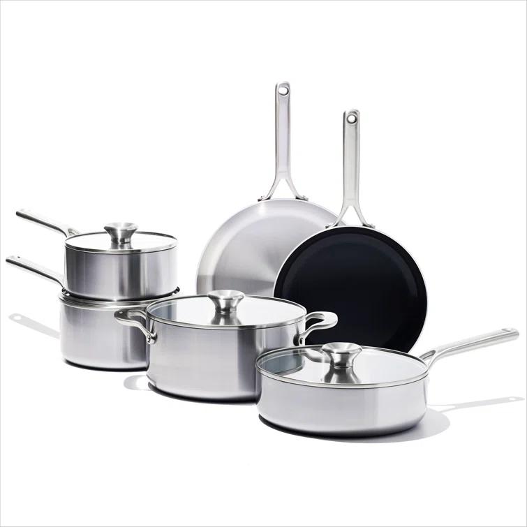 OXO 10pc Mira Tri-Ply Stainless Steel Cookware Set Silver: Dishwasher-Safe, Gas & Induction Compatible, UPC 885837031089