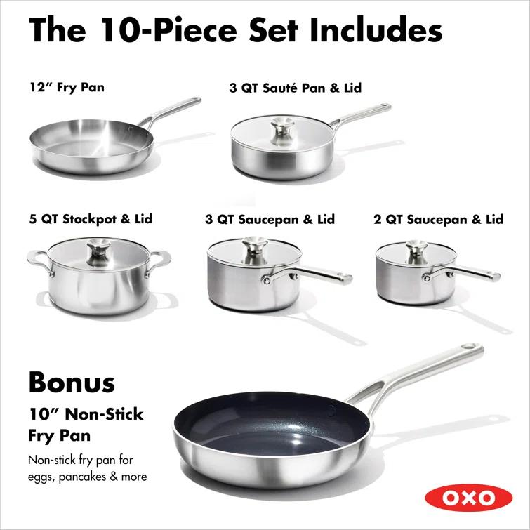 OXO 10pc Mira Tri-Ply Stainless Steel Cookware Set Silver: Dishwasher-Safe, Gas & Induction Compatible, UPC 885837031089