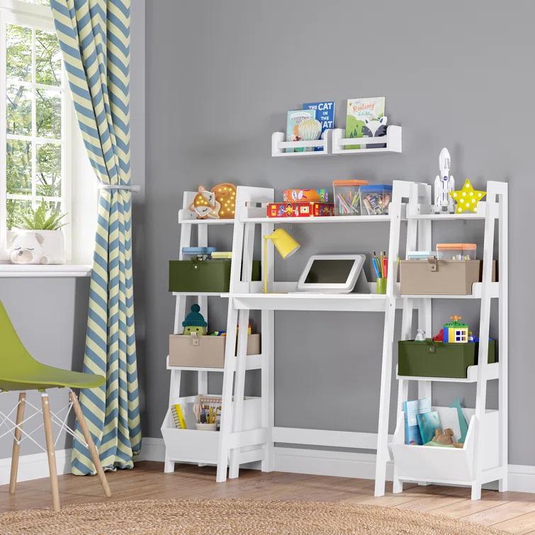 RiverRidge Home RiverRidge Kids 4-Tier 13in Ladder Shelf Toy Organizer and Book Storage with 3 Open Display Shelves- White with Two 5" Fabric Bins