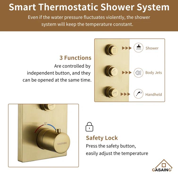 3 Functions 12 Inch Wall Mount Thermostatic Shower System with 6 Body Jets