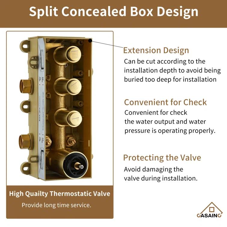 3 Functions 12 Inch Wall Mount Thermostatic Shower System with 6 Body Jets
