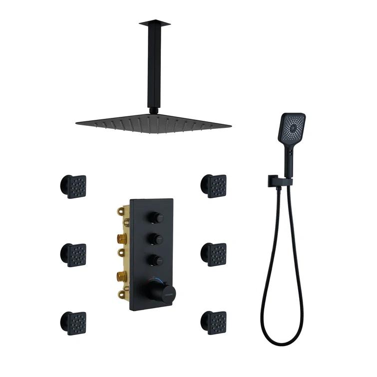 3 Functions 12 Inch Ceiling Mounted Thermostatic Shower System with 6 Body Jets