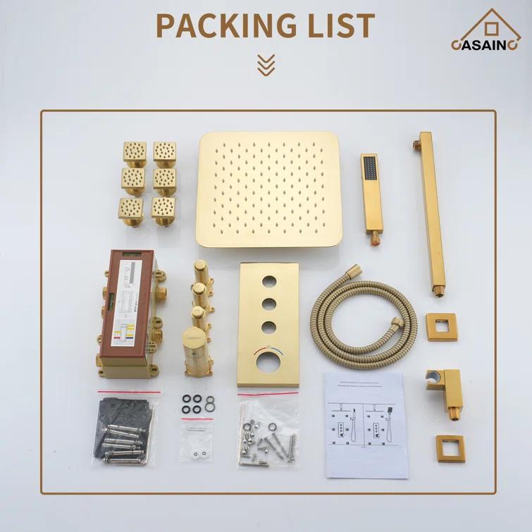 3 Functions 12 Inch Wall Mount Thermostatic Shower System with 6 Body Jets