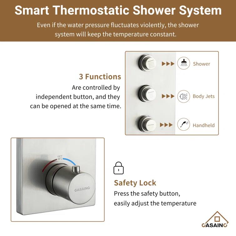 3 Functions 12 Inch Wall Mount Thermostatic Shower System with 6 Body Jets