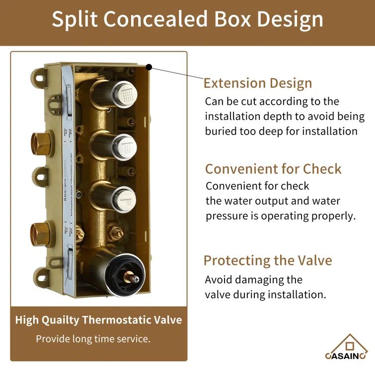 3 Functions 12 Inch Wall Mount Thermostatic Shower System with 6 Body Jets