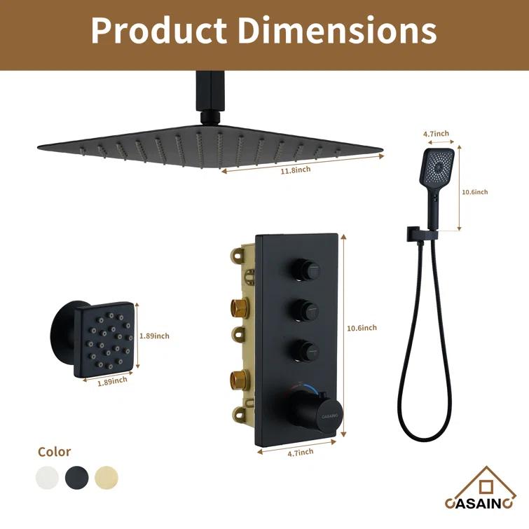 3 Functions 12 Inch Ceiling Mounted Thermostatic Shower System with 6 Body Jets