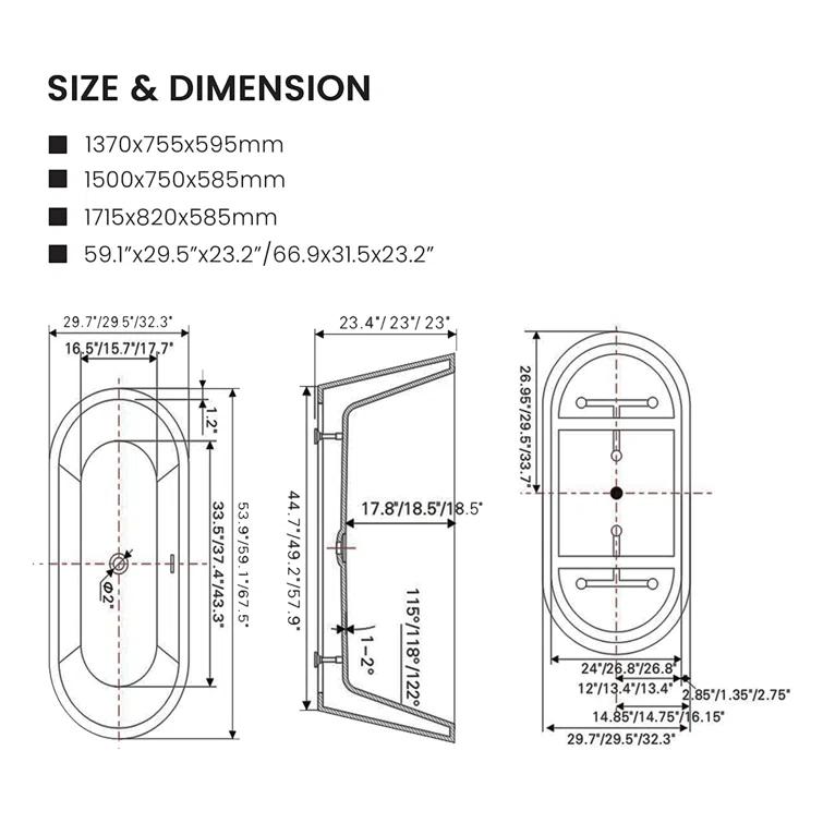 Iris 59" x 30" Freestanding Soaking Acrylic Bathtub