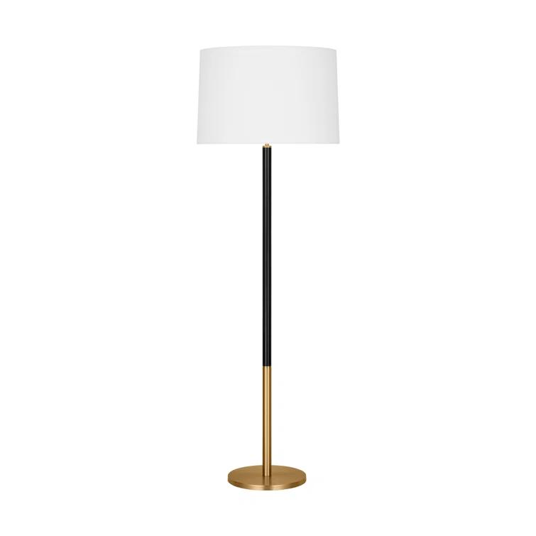 Burnished Brass and Black Floor Lamp with White Linen Shade