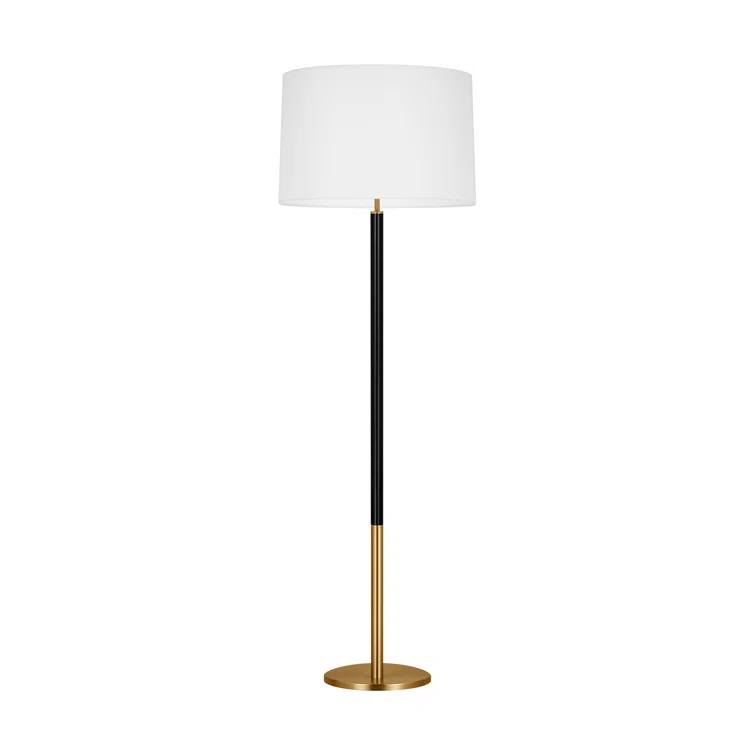 Burnished Brass and Black Floor Lamp with White Linen Shade