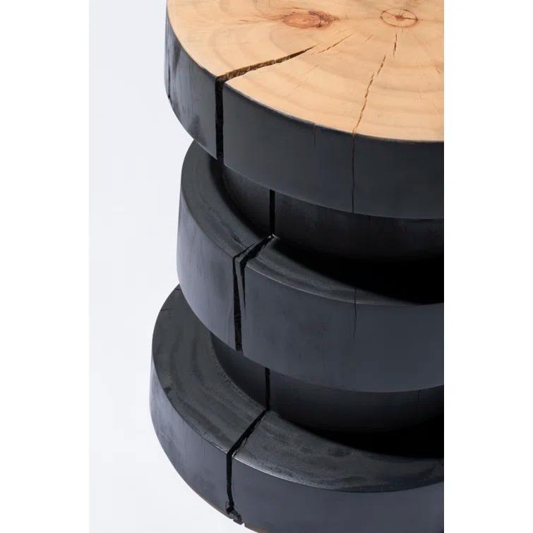 Modern Round Wood Drum End Table in Black and Natural Pine