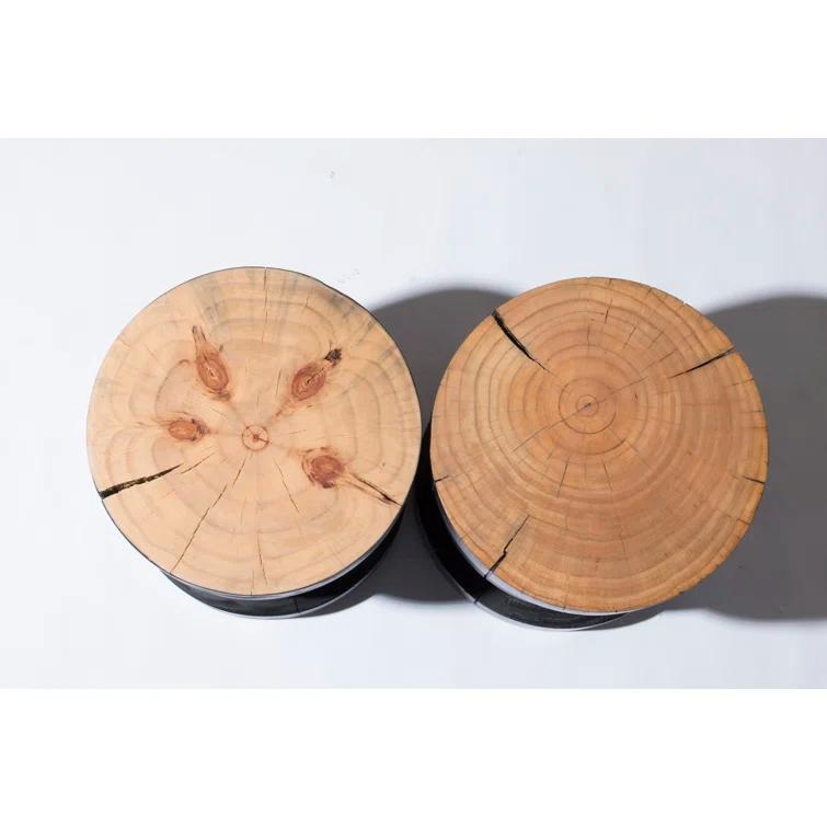 Modern Round Wood Drum End Table in Black and Natural Pine