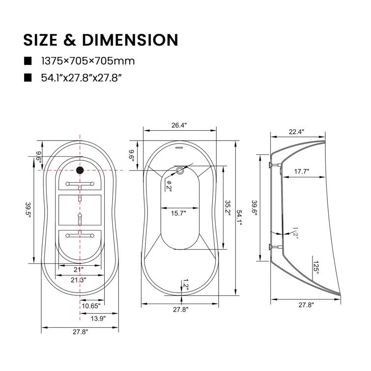54" X 28" Freestanding Soaking Acrylic Bathtub