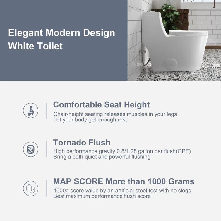 Greta Tornado Powerful Flush One-Piece Toilet, 1.28 GPF Elongated Floor Mounted