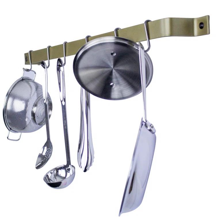 Handcrafted Brass Finish Wall Mounted Pot Rack with 6 Hooks