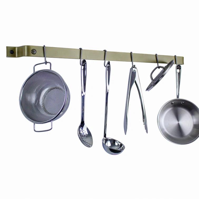 Handcrafted Brass Finish Wall Mounted Pot Rack with 6 Hooks