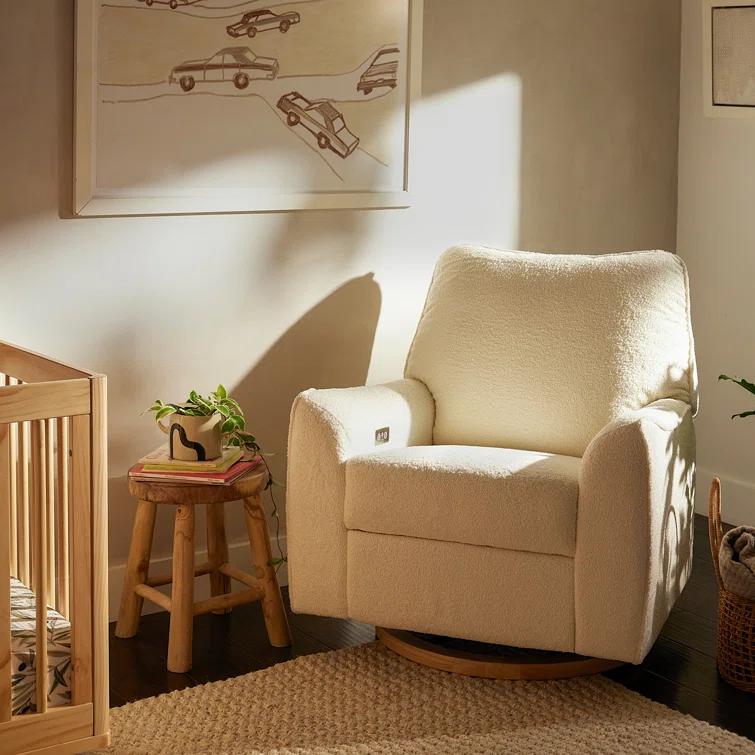 Babyletto Sunday Performance Chantilly Fleece Nursery Power Glider Recliner Chair with Light Wood Base
