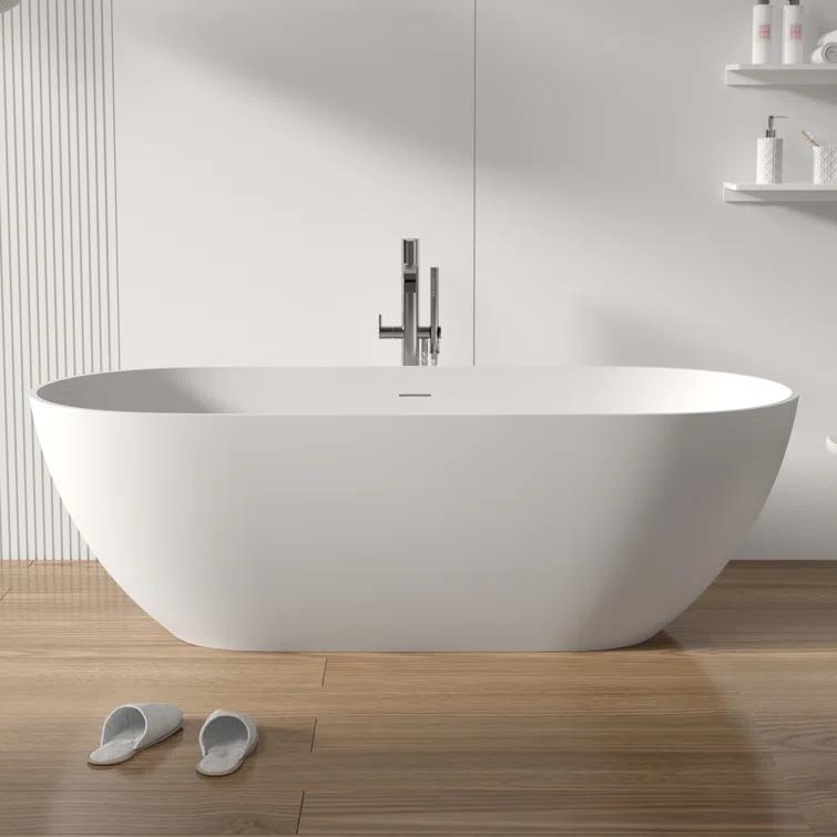 69'' x 29.5'' Freestanding Soaking Solid Surface Bathtub in White Finish with Drain