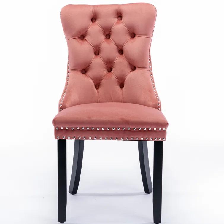 Pink Velvet Dining Chairs Set of 2, Upholstered Dining Room Chairs with Back Ring Pull Trim and Solid Wood Legs, Tufted Wingback Kitchen Chairs for Dining Room,Living Room,Kitchen(Pink)