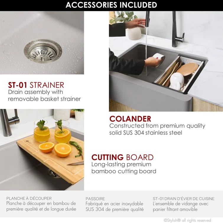 STYLISH S-830WL Pietra STYLISH 30 inch Undermount Workstation Single Bowl Composite Granite Apron Kitchen Sink