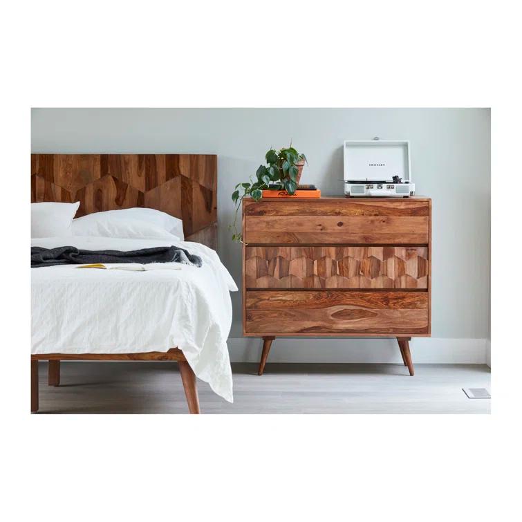 Deluxe Mid-Century Modern Sheesham Wood Queen Platform Bed with Storage