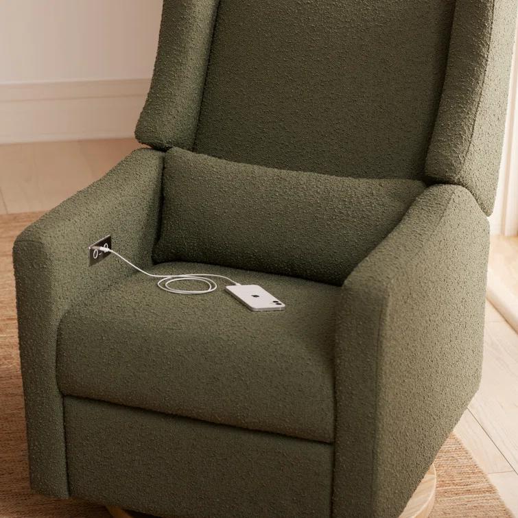 Babyletto Kiwi Olive Green Boucle Nursery Power Glider Recliner Chair with Light Wood Base