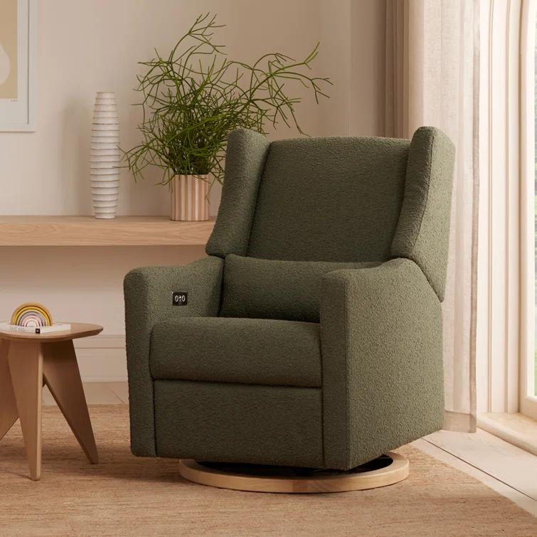 Babyletto Kiwi Olive Green Boucle Nursery Power Glider Recliner Chair with Light Wood Base