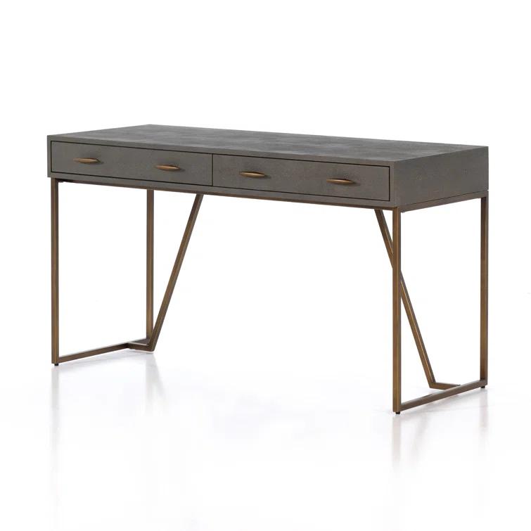 Gray Shagreen Writing Desk with Brass Iron Base and Drawers
