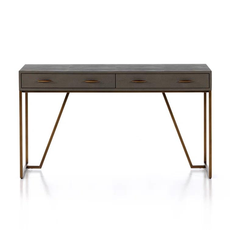 Gray Shagreen Writing Desk with Brass Iron Base and Drawers