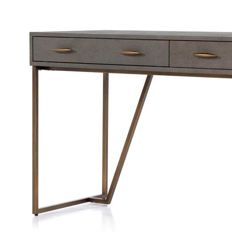 Gray Shagreen Writing Desk with Brass Iron Base and Drawers