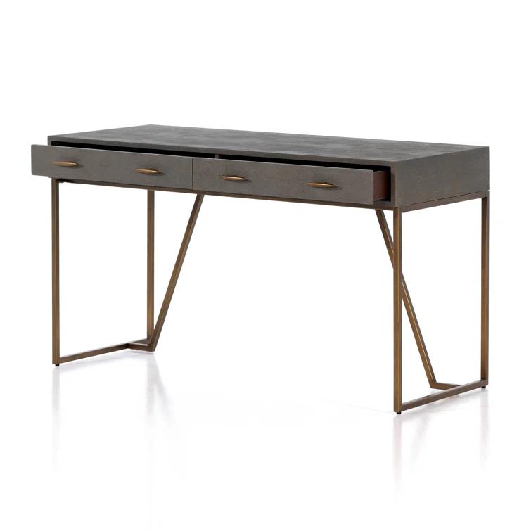 Gray Shagreen Writing Desk with Brass Iron Base and Drawers
