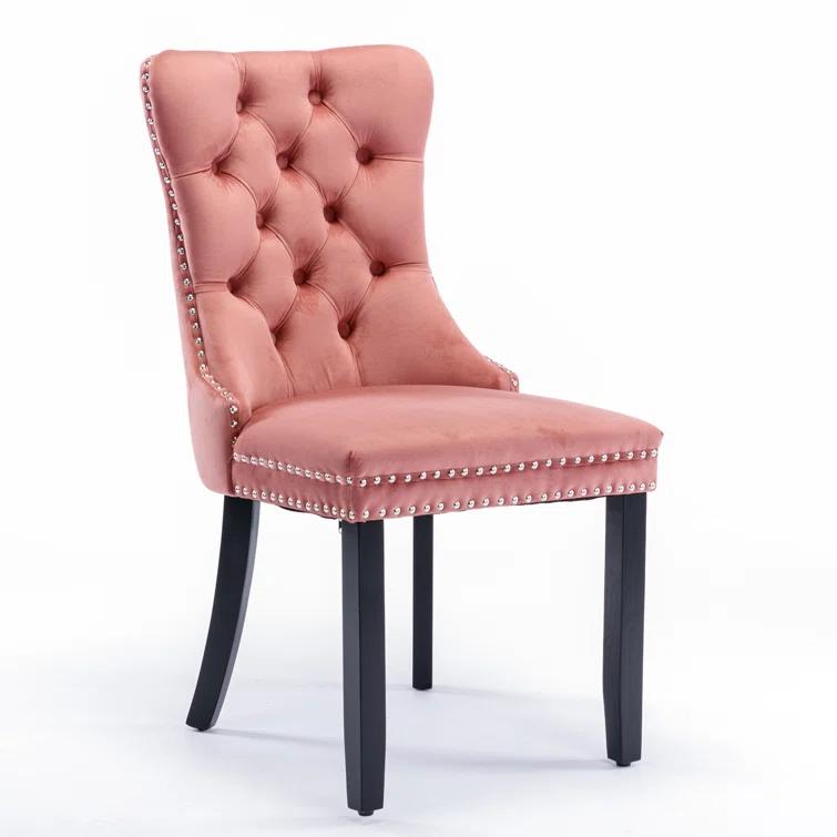 Pink Velvet Dining Chairs Set of 2, Upholstered Dining Room Chairs with Back Ring Pull Trim and Solid Wood Legs, Tufted Wingback Kitchen Chairs for Dining Room,Living Room,Kitchen(Pink)