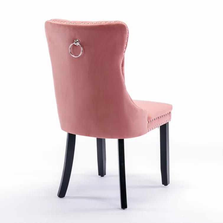 Pink Velvet Dining Chairs Set of 2, Upholstered Dining Room Chairs with Back Ring Pull Trim and Solid Wood Legs, Tufted Wingback Kitchen Chairs for Dining Room,Living Room,Kitchen(Pink)