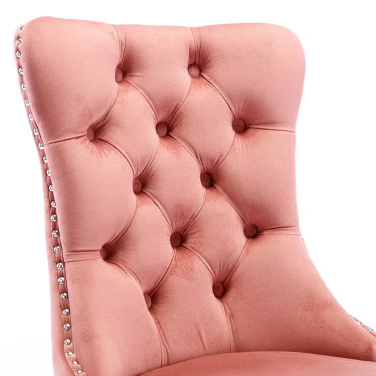 Pink Velvet Dining Chairs Set of 2, Upholstered Dining Room Chairs with Back Ring Pull Trim and Solid Wood Legs, Tufted Wingback Kitchen Chairs for Dining Room,Living Room,Kitchen(Pink)