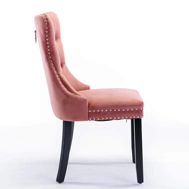 Pink Velvet Dining Chairs Set of 2, Upholstered Dining Room Chairs with Back Ring Pull Trim and Solid Wood Legs, Tufted Wingback Kitchen Chairs for Dining Room,Living Room,Kitchen(Pink)