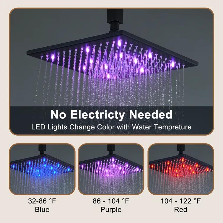 3-Function Luxury Ceiling Mount 12 Inch LED Thermostatic Shower System with 6 Body Jets