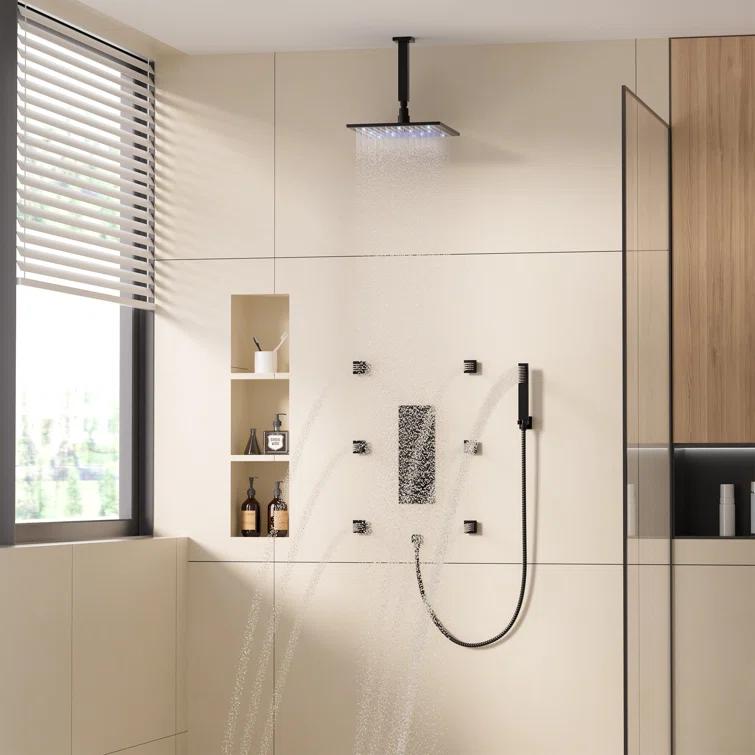 3-Function Luxury Ceiling Mount 12 Inch LED Thermostatic Shower System with 6 Body Jets