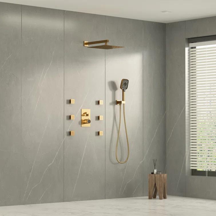 Revitalize 3-Function 12 Inch Wall Mount Rainfall Thermostatic Shower System with 6 Body Jets