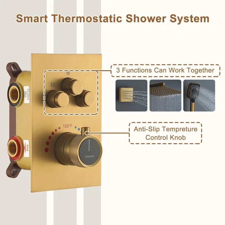 Revitalize 3-Function 12 Inch Wall Mount Rainfall Thermostatic Shower System with 6 Body Jets