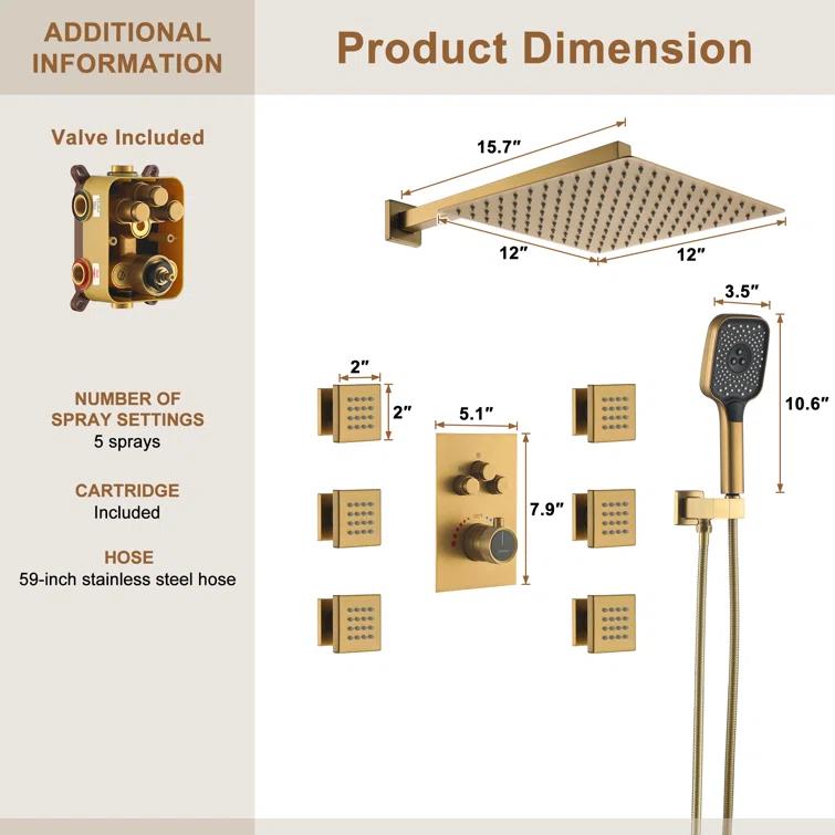 Revitalize 3-Function 12 Inch Wall Mount Rainfall Thermostatic Shower System with 6 Body Jets