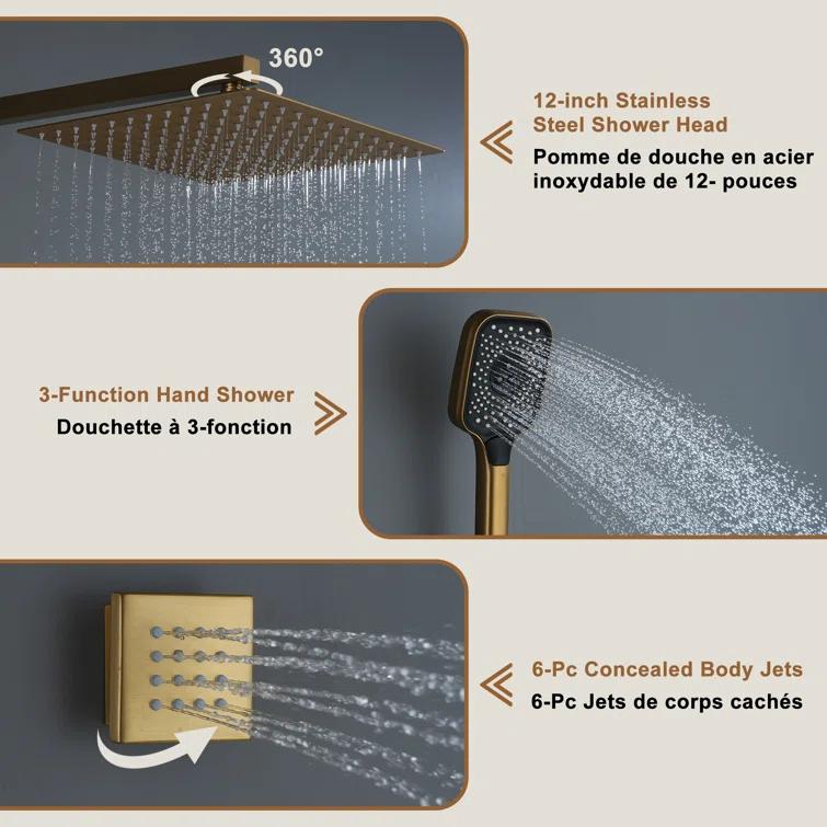 Revitalize 3-Function 12 Inch Wall Mount Rainfall Thermostatic Shower System with 6 Body Jets