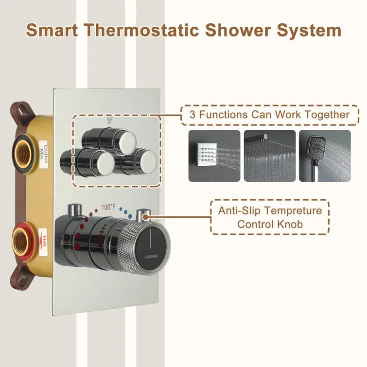 Revitalize 3-Function 12 Inch Wall Mount Rainfall Thermostatic Shower System with 6 Body Jets