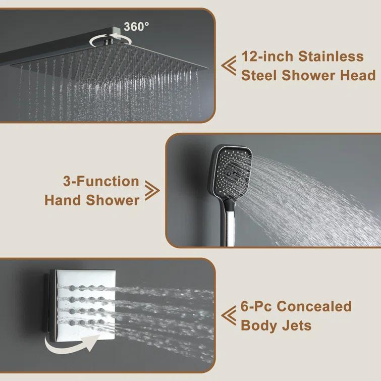 Revitalize 3-Function 12 Inch Wall Mount Rainfall Thermostatic Shower System with 6 Body Jets