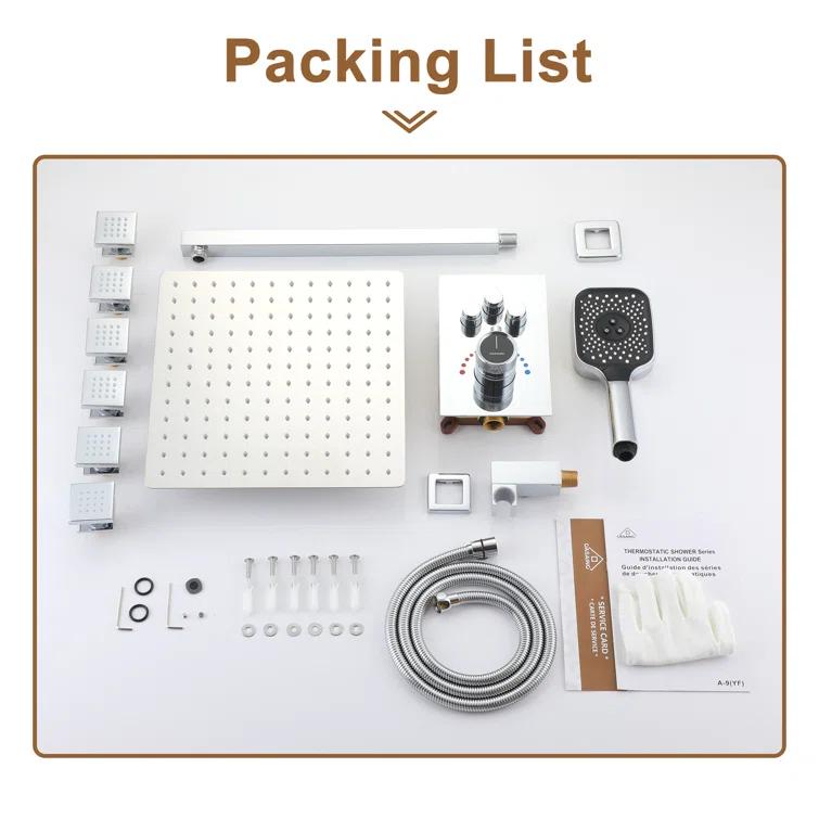 Revitalize 3-Function 12 Inch Wall Mount Rainfall Thermostatic Shower System with 6 Body Jets